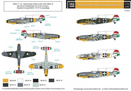S.B.S D72025 Messerschmitt Bf-109F in Hungarian Service VOL. II. Decal set 1/72