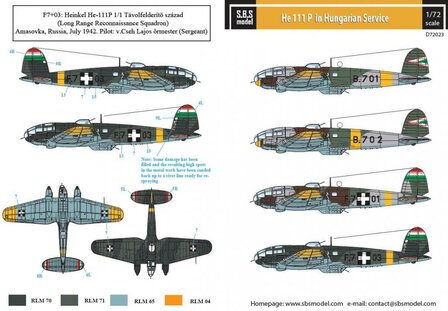 S.B.S D72023 Heinkel He-111 P in Hungarian Service Decal set 1/72