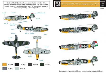S.B.S D72021 Messerschmitt Bf-109G-6 in Hungarian Service VOL. II. Decal set 1/72