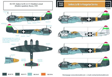 S.B.S D72022 Junkers Ju-88 in Hungarian Service WW II. Decal set 1/72