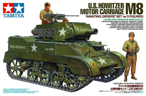 TAMIYA 35312 U.S. HOWITZER MOTOR CARRAIGE M8 “AWAITING ORDERS” SET W/3 FIGURES 1/35