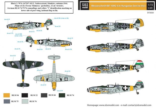 S.B.S D72020 Messerschmitt Bf-109G-6 in Hungarian Service VOL. I. Decal set 1/72