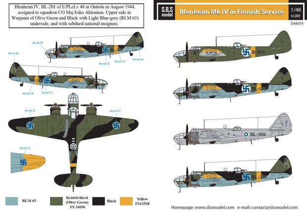 S.B.S D48019 Bristol Blenheim Mk. IV. in Finnish Service Decal set 1/48