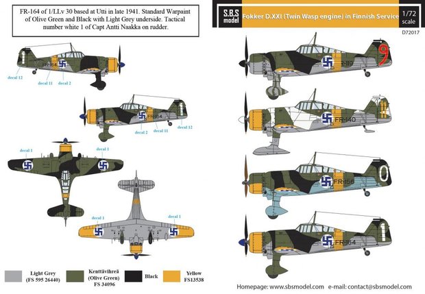 S.B.S D72017 Fokker D.XXI (Twin-Wasp engine) in Finnish Service Decal set 1/72